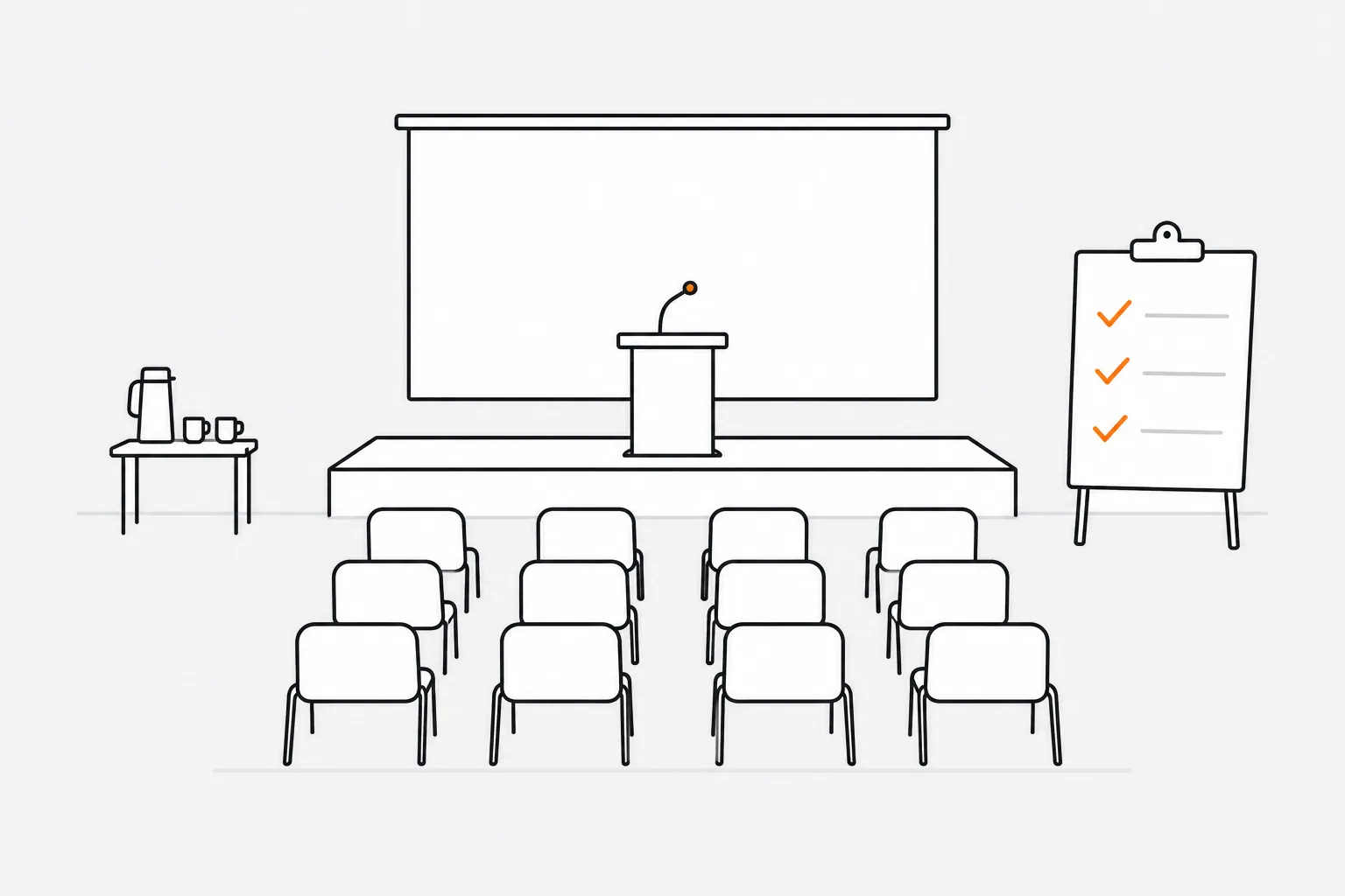 Ilustrace konferenčního sálu s pódiem, řečnickým pultem, plátnem, řadami židlí a checklistem