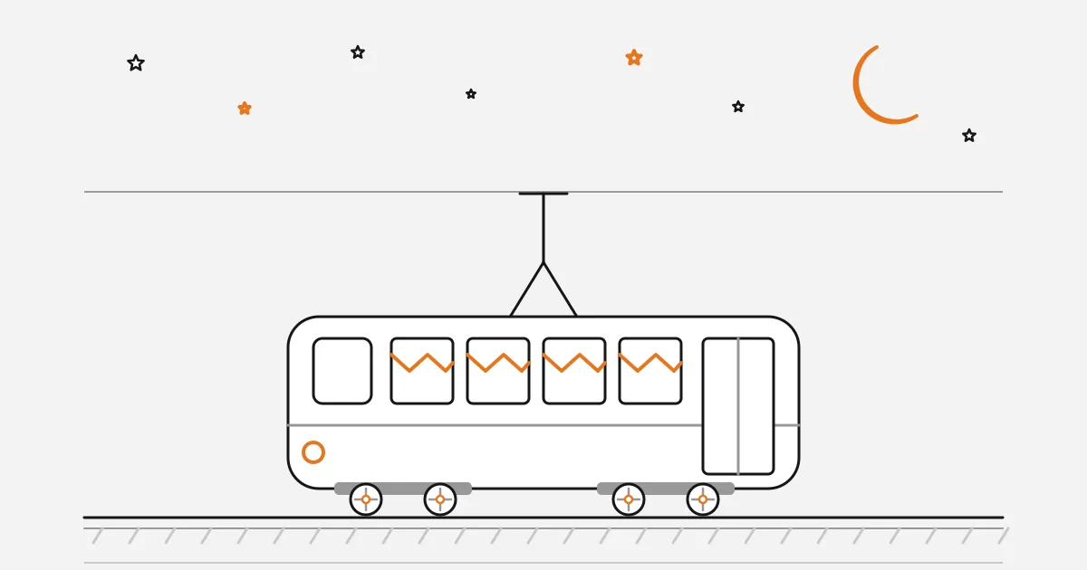 Ilustrace party tramvaje s girlandou v oknech na kolejích pod noční oblohou s hvězdami a měsícem